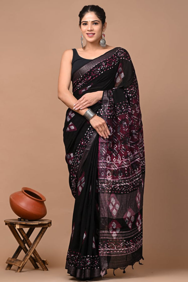 Hand Block Printed Linen Saree With Unstitched Blouse (SWSRLIL32)