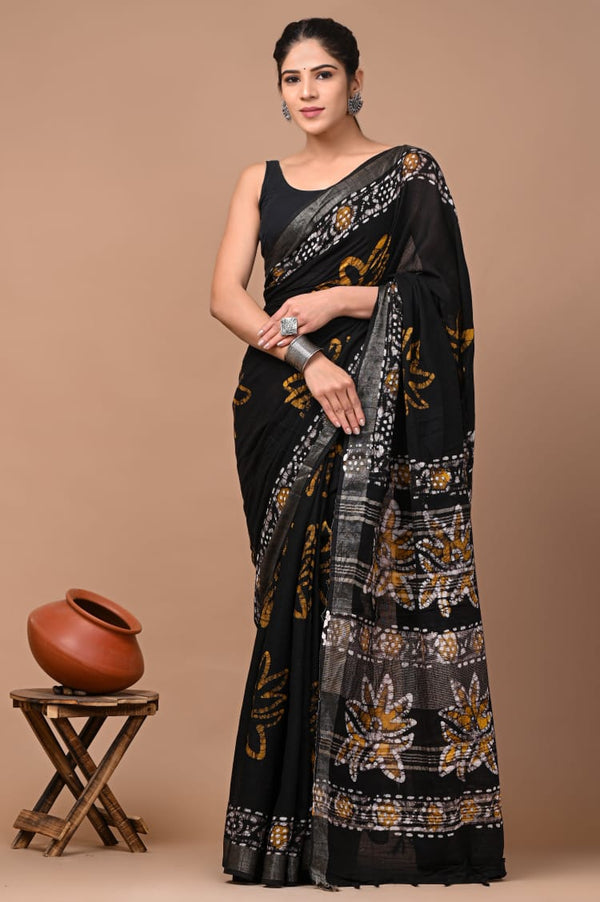 Hand Block Printed Linen Saree With Unstitched Blouse (SWSRLIL33)